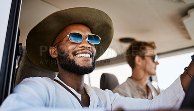 Buy stock photo Happy, smile and black man driving a car while on a summer road trip vacation with friends. Happiness, freedom and young people having fun while traveling in a vehicle to holiday destination together