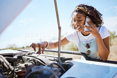 Buy stock photo Car trouble, phone call and woman call for help on road trip, stuck a street and looking at the engine. Stop, stress and anxiety with black woman in the countryside, nervous driver traveling alone