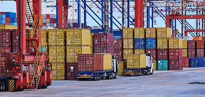 Buy stock photo Global logistics, container port and cargo store at freight company for worldwide shipping, distribution and delivery. Truck, crane and containers, logistic transport for international trade business