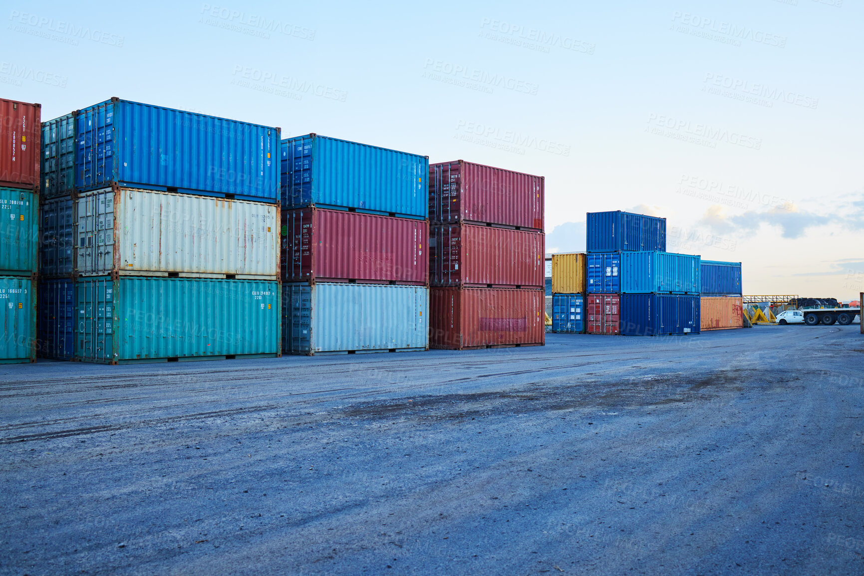 Buy stock photo Container, logistics and port at storage in shipyard for global supply chain on sea. Shipping, cargo and transport distribution of goods, for import and export at international harbour