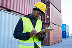 Shipping, cargo and checklist by man doing checklist for freight and logistics at supply chain. Container, warehouse and ecommerce stock management by manager doing inventory at industrial factory