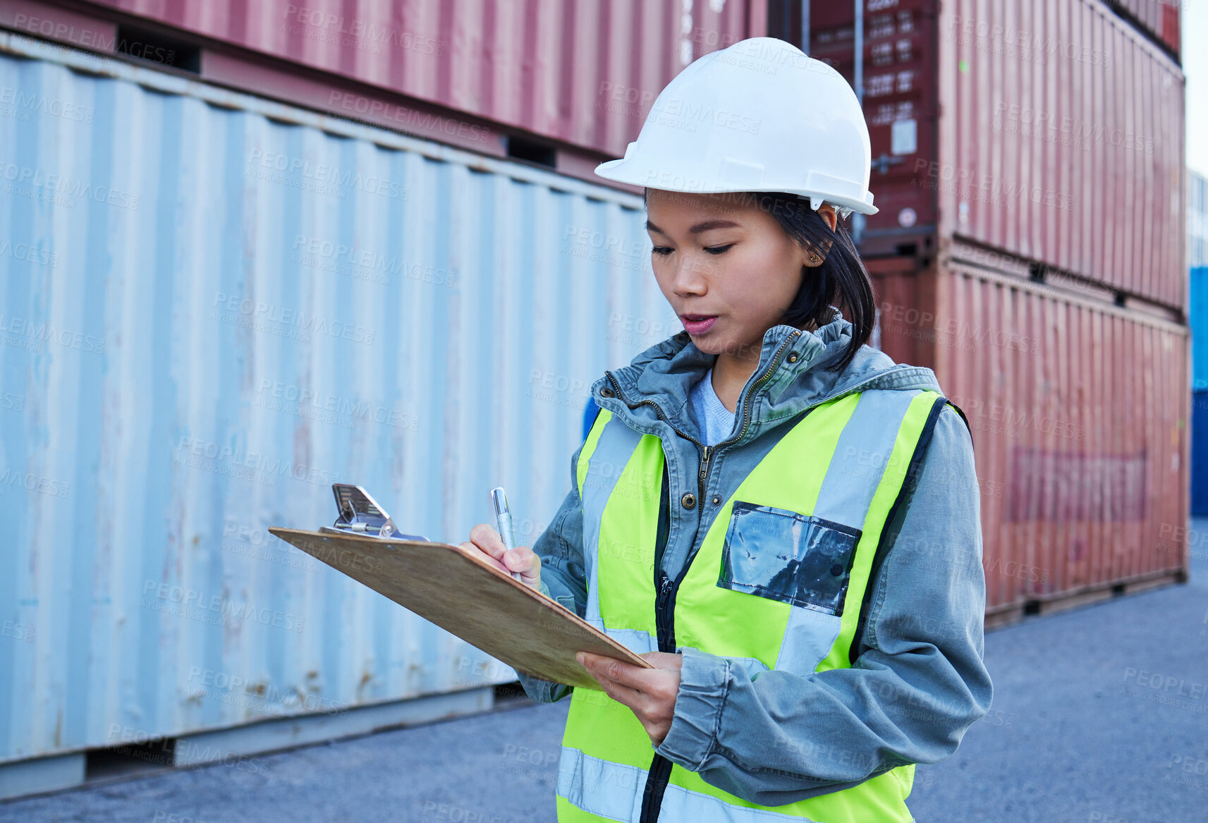 Buy stock photo Logistics, shipping and asian woman engineer writing checklist report for inspection or delivery control of cargo containers at shipyard. Supply chain worker in safety helmet at a warehouse in Korea
