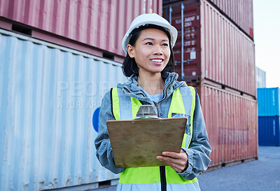 Buy stock photo Shipping, cargo and logistics management with woman wearing delivery and warehouse orders, inventory and stock control. Factory, checklist and ecommerce manager happy and smile at supply chain plant