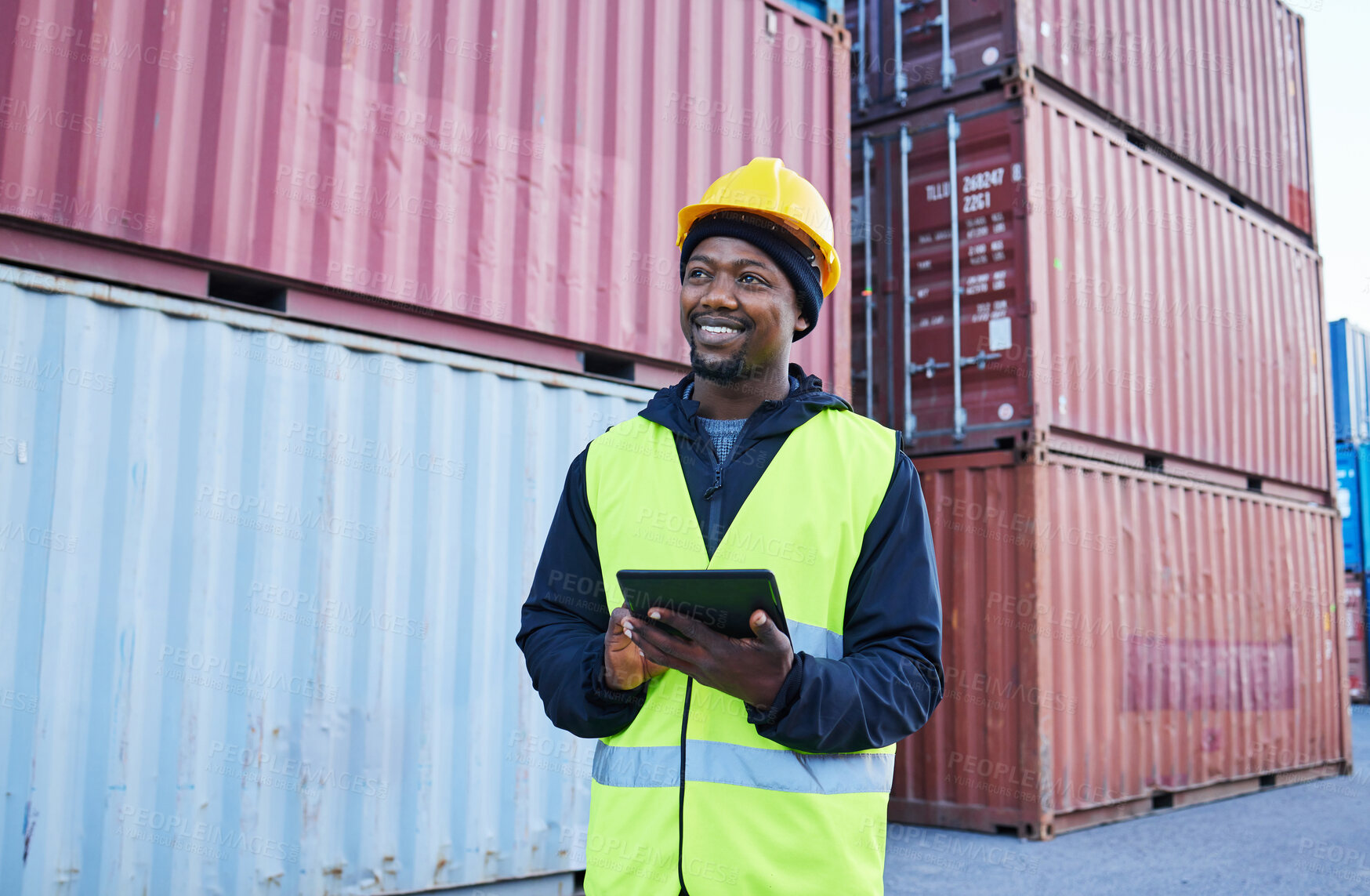 Buy stock photo Tablet, logistics and shipping with a supply chain black man manager working on a commercial container dock outside. Internet, freight and cargo with a male courier at work in an export storage yard