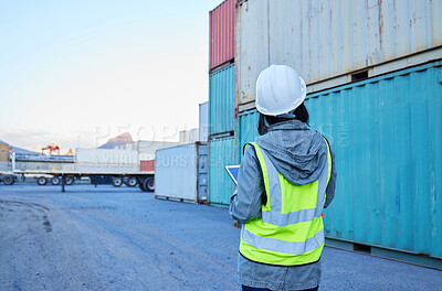 Buy stock photo Back view, delivery and woman in logistics working on container inspection at export delivery supply chain warehouse. Industry worker with stock, inventory and cargo checklist for distribution in USA