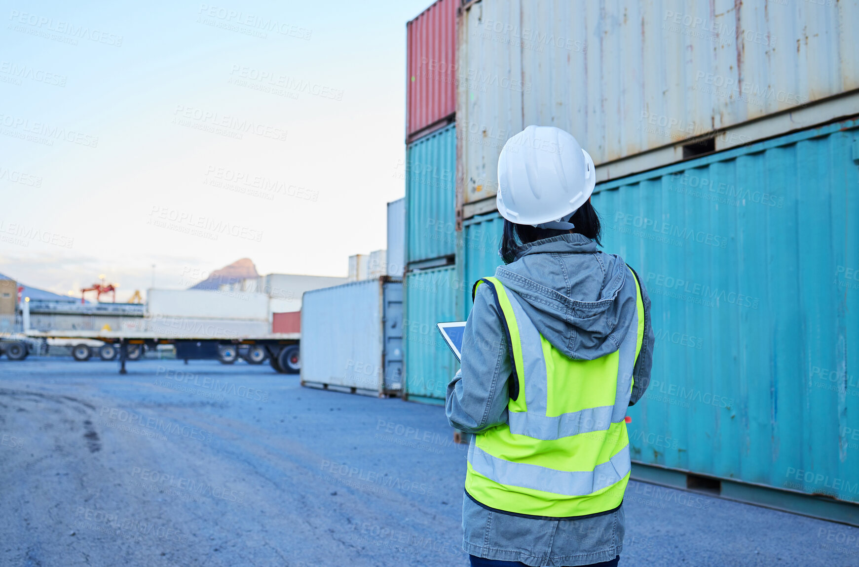 Buy stock photo Back view, delivery and woman in logistics working on container inspection at export delivery supply chain warehouse. Industry worker with stock, inventory and cargo checklist for distribution in USA