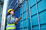 Storage shipping container, cargo worker and logistic woman employee checking data. Construction and stock logistics manager planning, writing and working on export numbers and information on the job