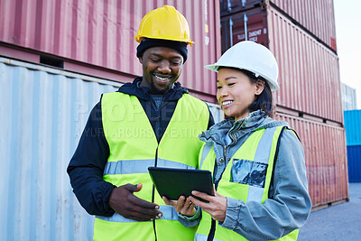 Buy stock photo Logistics, cargo and diversity team with tablet check world, global or international tech data of shipping, delivery or stock. Container, collaboration and supply chain industry man and woman working