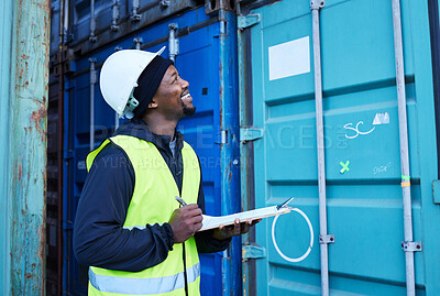 Buy stock photo Warehouse, shipping and cargo checklist with happy manager smiling and checking stock at factory plant. Logistics, supply chain and management by black man excited with ecommerce delivery container