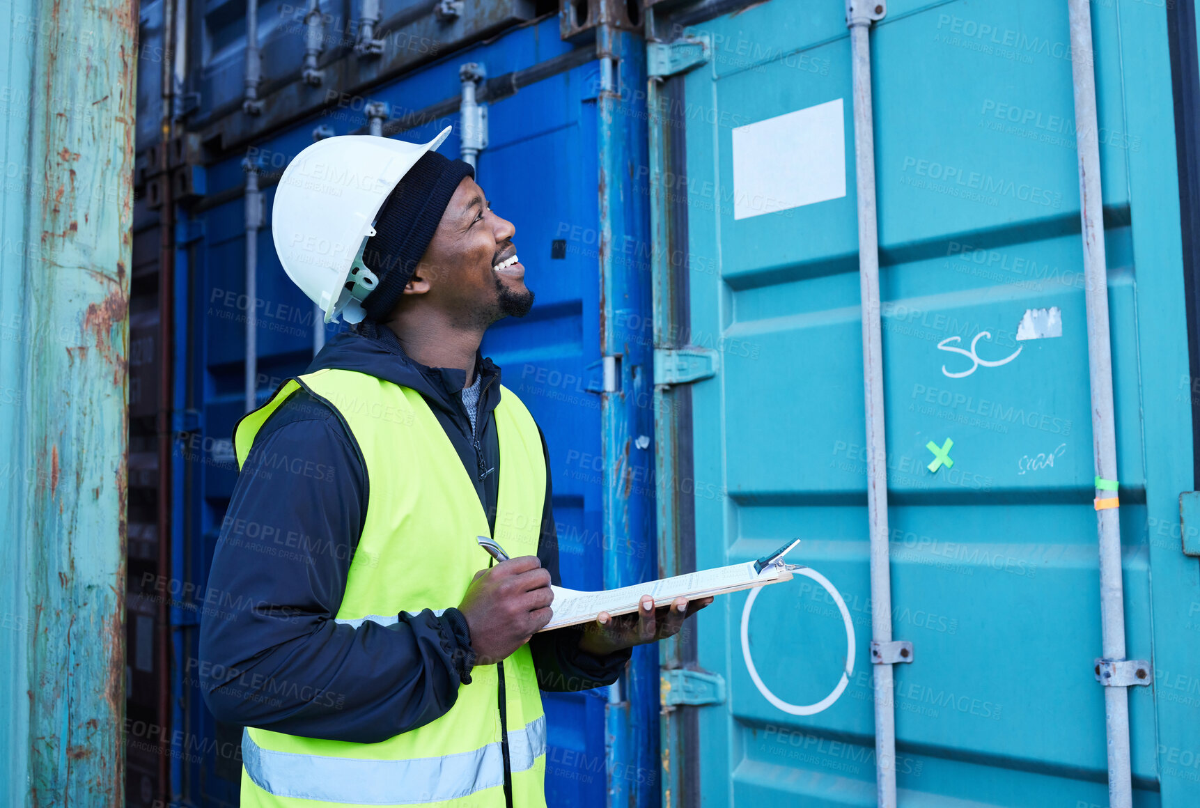 Buy stock photo Warehouse, shipping and cargo checklist with happy manager smiling and checking stock at factory plant. Logistics, supply chain and management by black man excited with ecommerce delivery container