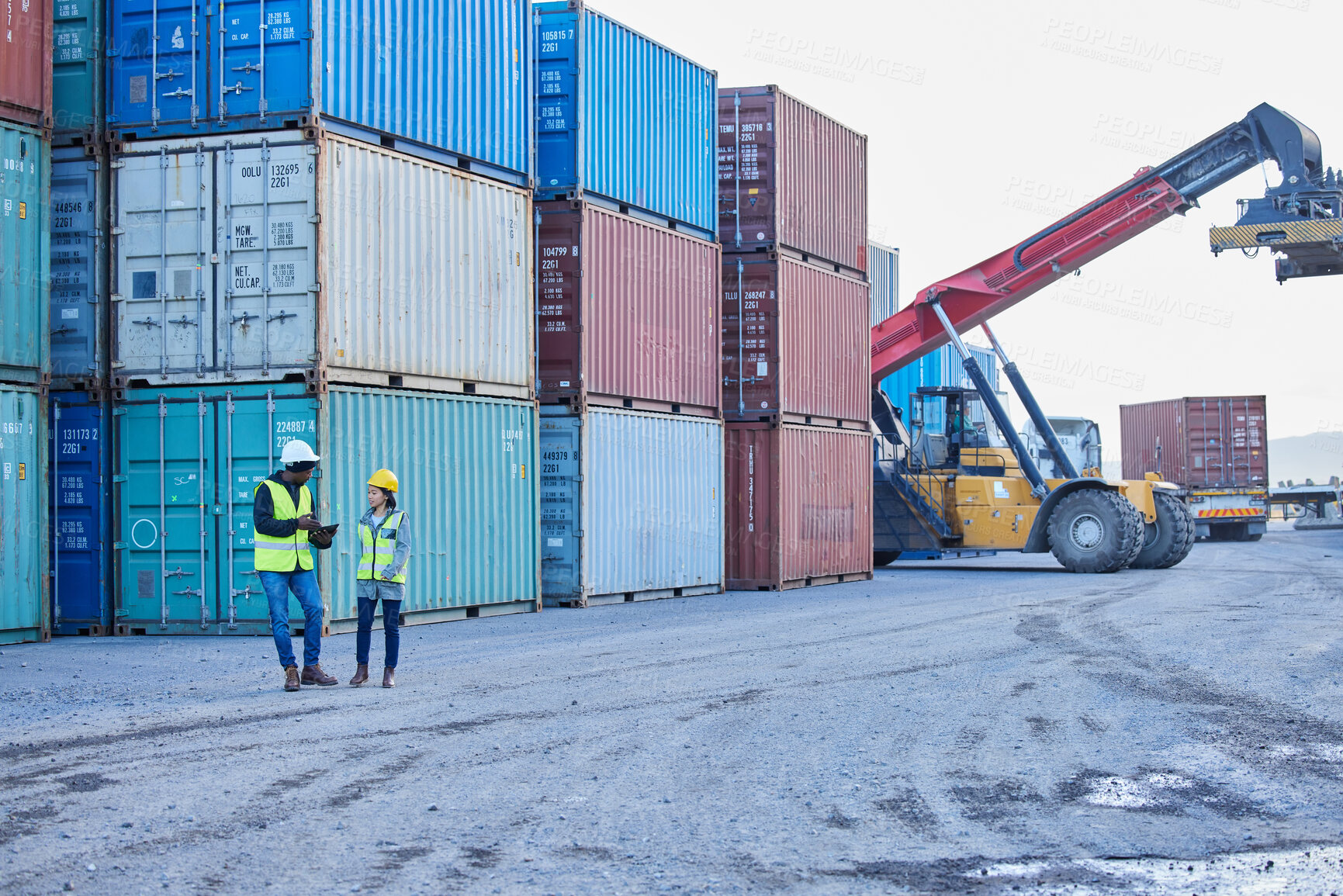 Buy stock photo Logistics, forklift and manager and worker at container supply chain, delivery and shipping distribution warehouse. Foreman coaching industry employee on cargo, stock and inventory at port in Dallas