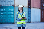 Supply chain, tablet and logistics with a woman shipping worker working on a commercial container dock. Internet, stock and cargo with a female courier at work in the freight industry for export