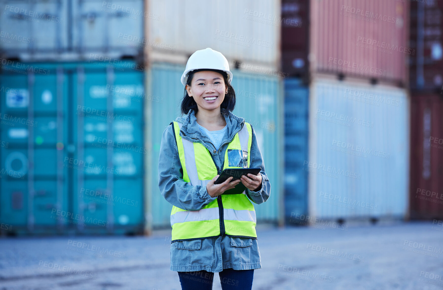 Buy stock photo Supply chain, tablet and logistics with a woman shipping worker on a commercial container dock. Internet, stock and cargo with an asian female courier at work in the freight industry for export