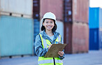 Woman with a clipboard, shipping and logistics check of stock at the work site. Asian worker in the transportation industry, smile in portrait and safety and security inspection of product checklist