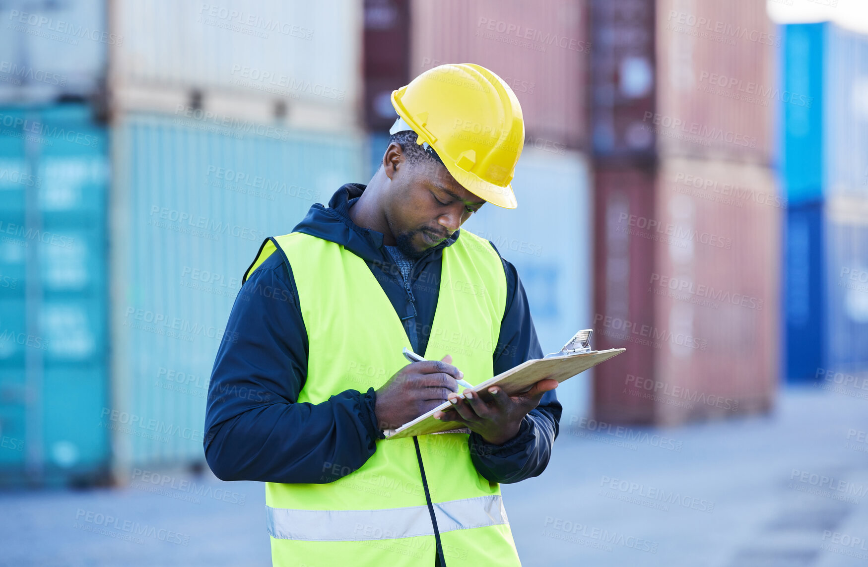 Buy stock photo Logistics, shipping and checklist by man manager checking stock and delivery schedule at supply chain factory. Management, cardio and container inspector writing on clipboard notes for inventory