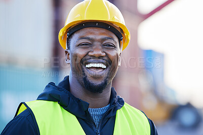 Buy stock photo Portrait, logistics and black man smile with helmet or hard hat at shipyard and confident at work. Shipping, business man and manager happy at warehouse, cargo storage or containers for supply chain.