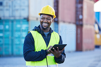 Buy stock photo Logistics, tablet and black man shipping cargo on the internet while working at an outdoor warehouse. African industrial engineer thinking of strategy for distribution of stock on the web at a port