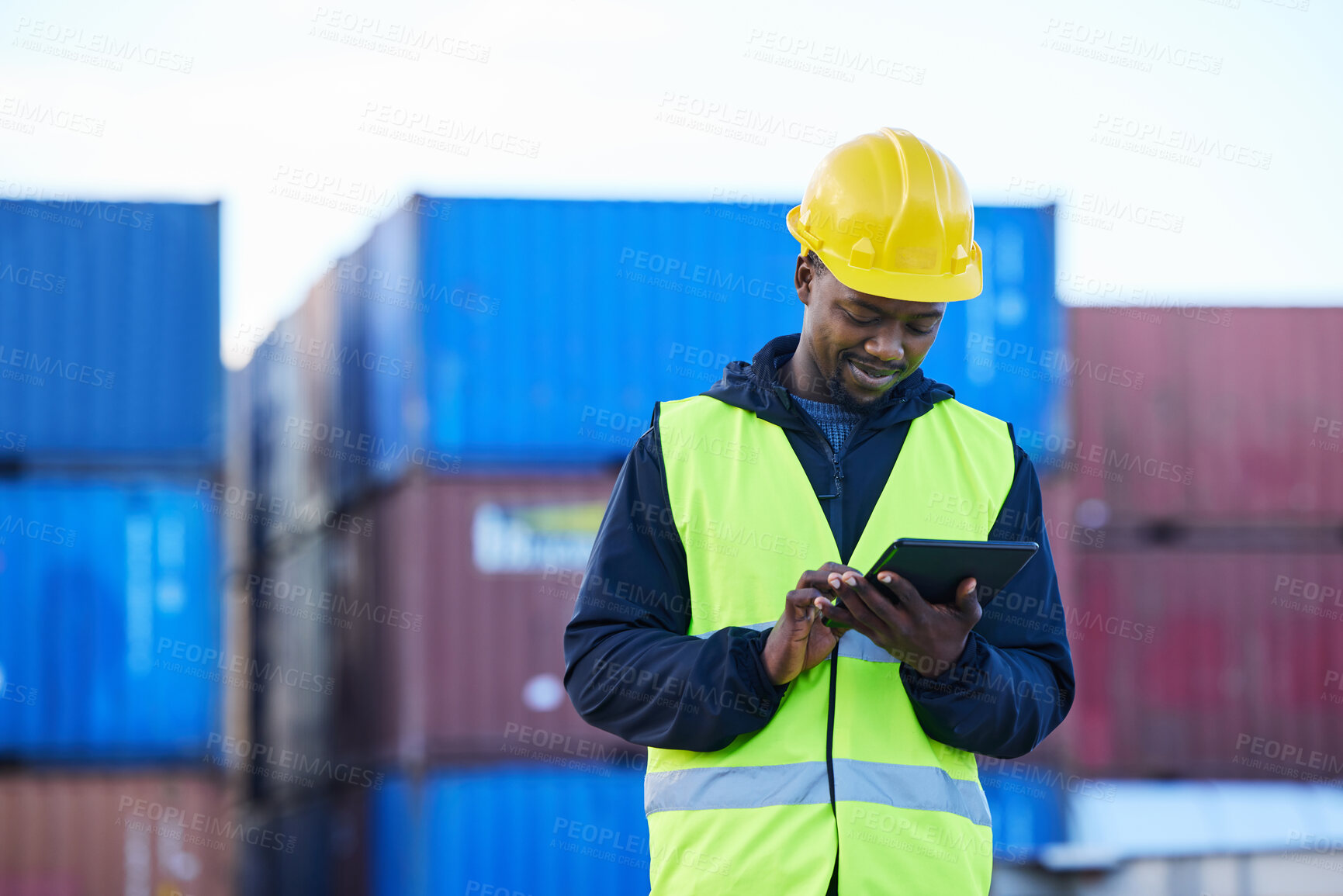 Buy stock photo Logistics, digital tablet and black man in supply chain management at shipping, cargo or freight warehouse. Industrial engineer worker with software app for export, distribution or storage technology