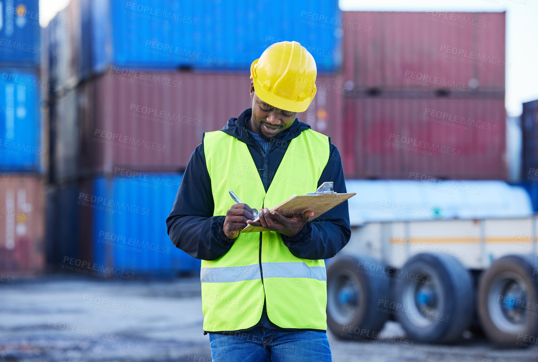 Buy stock photo Cargo, supply chain and logistics manager black man with checklist, freight shipping management or compliance safety documents. Supplier, industry worker and container export transportation warehouse