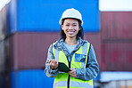 Logistics, asian and woman with tablet, container and check shipping delivery of cargo, product or stock data. Supply chain, smile and portrait of happy industry worker with mobile digital checklist