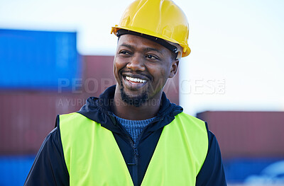 Buy stock photo Shipping, supply chain and logistics with a black man working on a commercial container dock. Delivery, freight and cargo with a mature male courier at work outside in the export and import industry