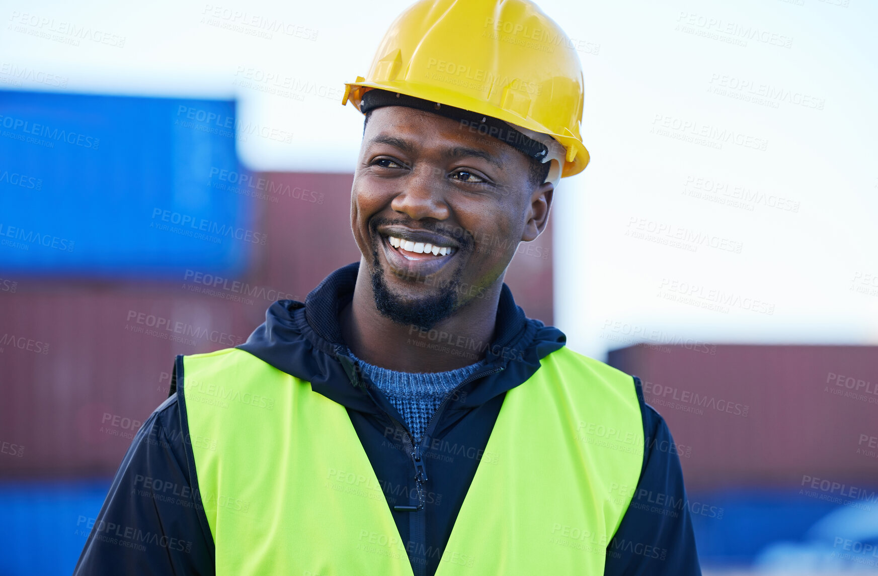 Buy stock photo Shipping, supply chain and logistics with a black man working on a commercial container dock. Delivery, freight and cargo with a mature male courier at work outside in the export and import industry