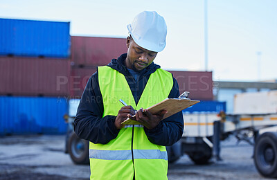 Buy stock photo Engineer, cargo and black man writing shipping or delivery inspection report for control at shipyard by warehouse foreman. African supply chain worker doing import export distribution at port