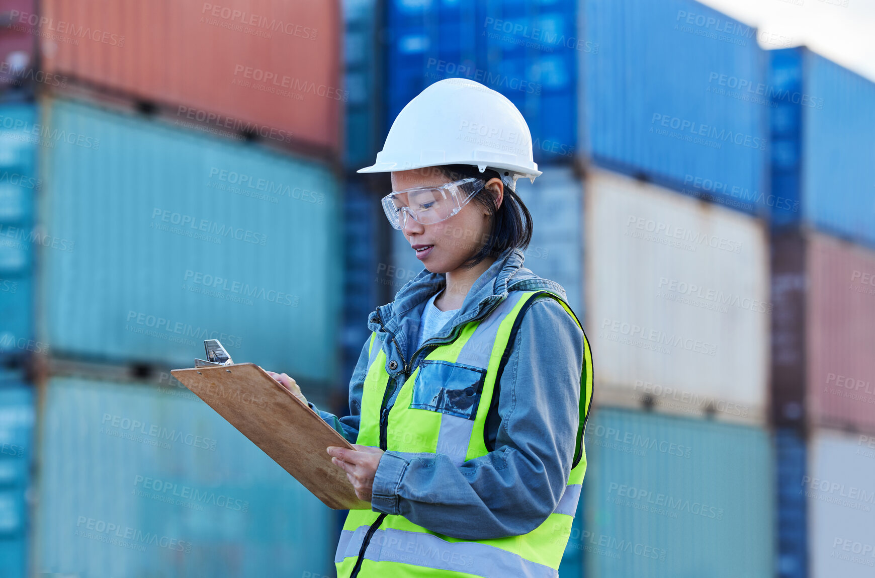 Buy stock photo Woman logistic worker, shipping checklist and working at shipyard freight container distribution port. Stock management, supply chain for import and export of international commercial cargo delivery 