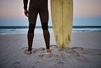 Feet of man on beach sand, surfer in nature look at waves in Hawaii and healthy sport exercise on holiday. Person holding surfboard on sea shore, calm ocean water in sunset and summer travel vacation