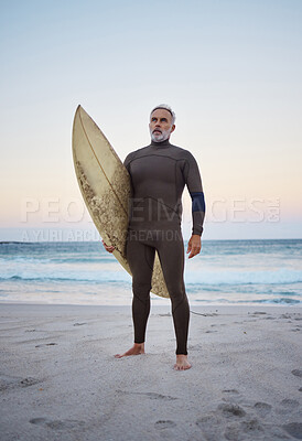 Buy stock photo Senior man on beach, summer surfing vacation and holiday travel fitness adventure on Australia shore. Sunset sky with confident elderly surfer holding surf board and healthy retirement sea exercise