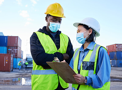 Buy stock photo Logistics, shipping and team with mask for covid safety with a checklist for cargo inventory on a port. Export of delivery or supply chain management of international and global stock distribution