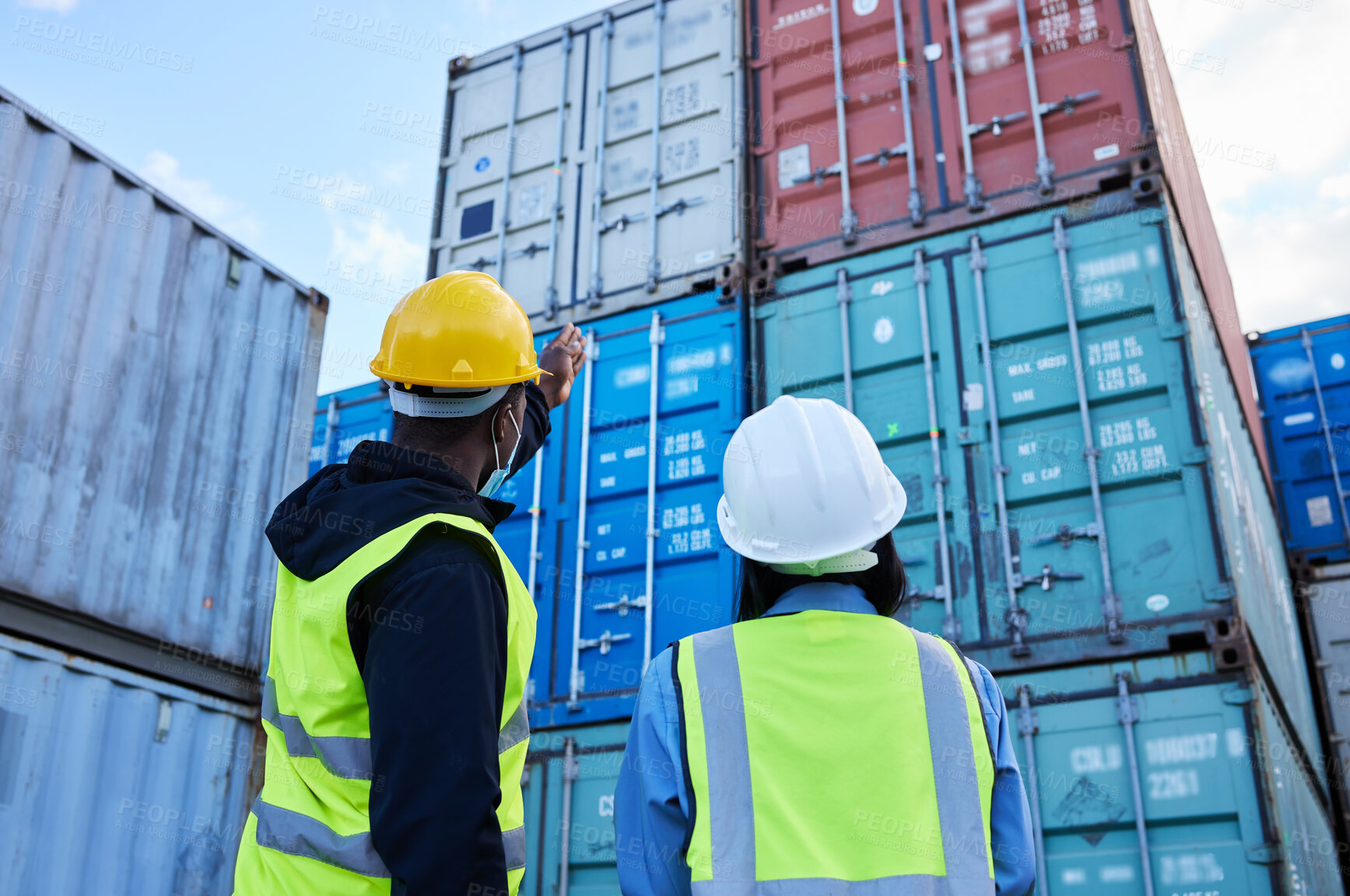 Buy stock photo Logistics, shipping and manager planning container export with employee in an export delivery industry. Industrial workers working with stock or cargo transport at a international and global trade