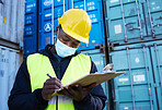 Logistics worker, container port and covid, black man writing on inventory checklist. Cargo yard, export and safety for shipping port employee or inspector with clipboard at global freight company.