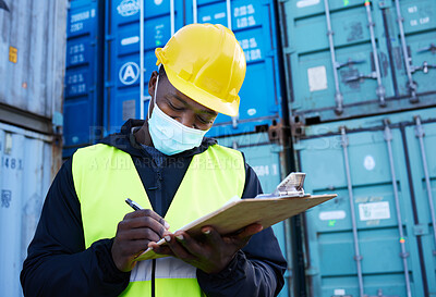 Buy stock photo Logistics worker, container port and covid, black man writing on inventory checklist. Cargo yard, export and safety for shipping port employee or inspector with clipboard at global freight company.