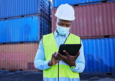 Buy stock photo Tablet, logistics and worker with mask for covid safety working with digital checklist for international and global shipping. Cargo, container and supply chain delivery manager check schedule online