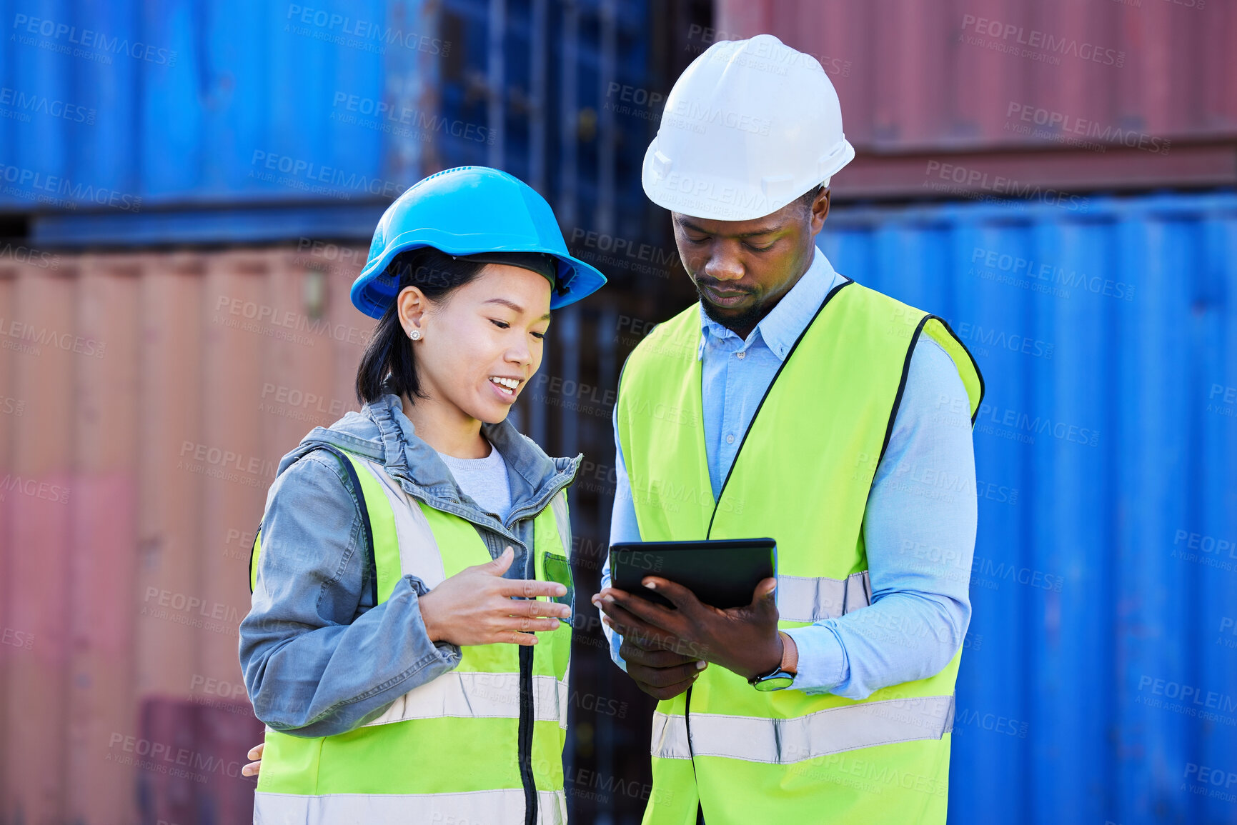 Buy stock photo Logistics, tablet and employees planning delivery of shipping container on technology while working together at a port. Outdoor warehouse workers working on inventory of cargo at a storage plant