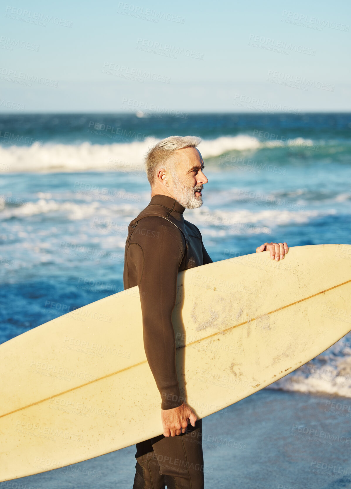 Buy stock photo Senior man, beach and surfboard surfer, ready to surf Australia sea waves on vacation or holiday. Health, fitness and elderly retired male rest after surfing, training or recreation exercise in ocean
