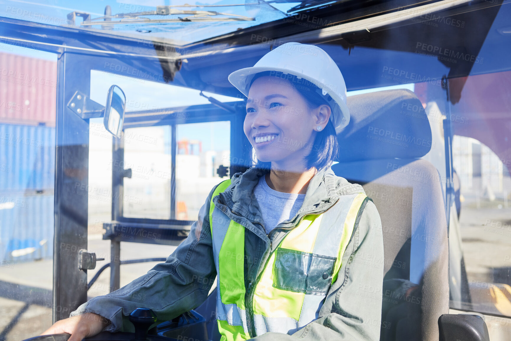 Buy stock photo Logistics, supply chain and transport with a woman shipping worker driving a vehicle on a commercial container dock. Freight, cargo and stock with an asian female courier working in a storage yard