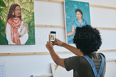 Buy stock photo Art gallery, smartphone and black woman with painting taking photo for social media, website or digital advertising. African artist portrait design canvas, cellphone photography for commercial sales