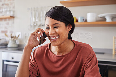 Buy stock photo Communication, happy phone call and a woman in kitchen talking on phone with smile. Technology, happiness, smiling and portrait of Indian girl in conversation on smartphone in modern home in India.