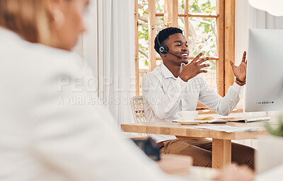 Buy stock photo Black man, crm or call center work with computer in office use hands for communication, consulting or help client on web. Support, customer service and video call on pc in business in Cape Town