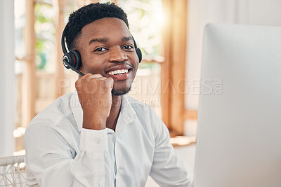 Buy stock photo Black man, customer support service with a smile and working for digital call center or online telemarketing business. Crm consultant at office desk, helping client and consulting computer for fix
