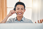 Call center, customer service and worker with computer talking, helping and answer office with crm system. Happy man, happy and friendly telemarketing operator, secretary or contact us client support