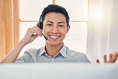 Buy stock photo Call center, customer service and worker with computer talking, helping and answer office with crm system. Happy man, happy and friendly telemarketing operator, secretary or contact us client support