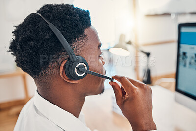 Buy stock photo Call center, communication and black man talking to people online and working in crm at a telemarketing company. African customer service worker consulting on the internet and speaking about sales