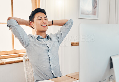 Buy stock photo Relax, calm and peace at work of a business man from China taking a break in a office. Businessman and asian IT tech employee feeling proud and happy after a corporate job project at a company