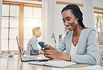 Accountant black woman, phone and office on social media in financial sales consulting company work break. African finance consultant business girl text on internet social network mobile app online