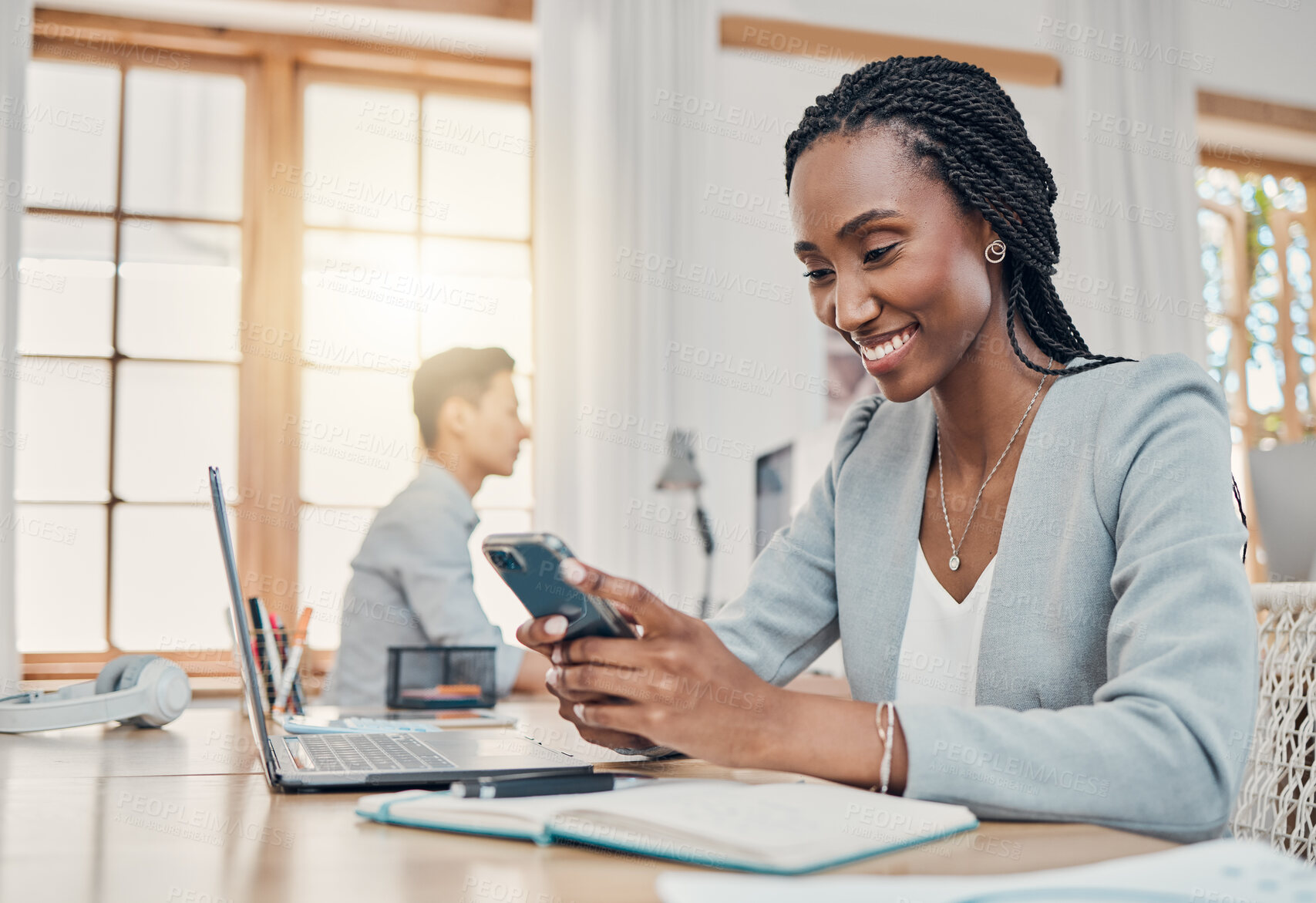 Buy stock photo Accountant black woman, phone and office on social media in financial sales consulting company work break. African finance consultant business girl text on internet social network mobile app online