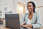 Office, news and black woman typing on laptop with positive smile for career email response online. Professional, optimistic and excited USA business worker satisfied with job update on internet app.
