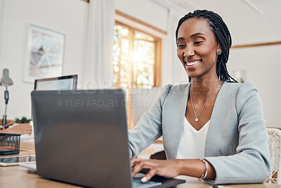 Buy stock photo Office, news and black woman typing on laptop with positive smile for career email response online. Professional, optimistic and excited USA business worker satisfied with job update on internet app.